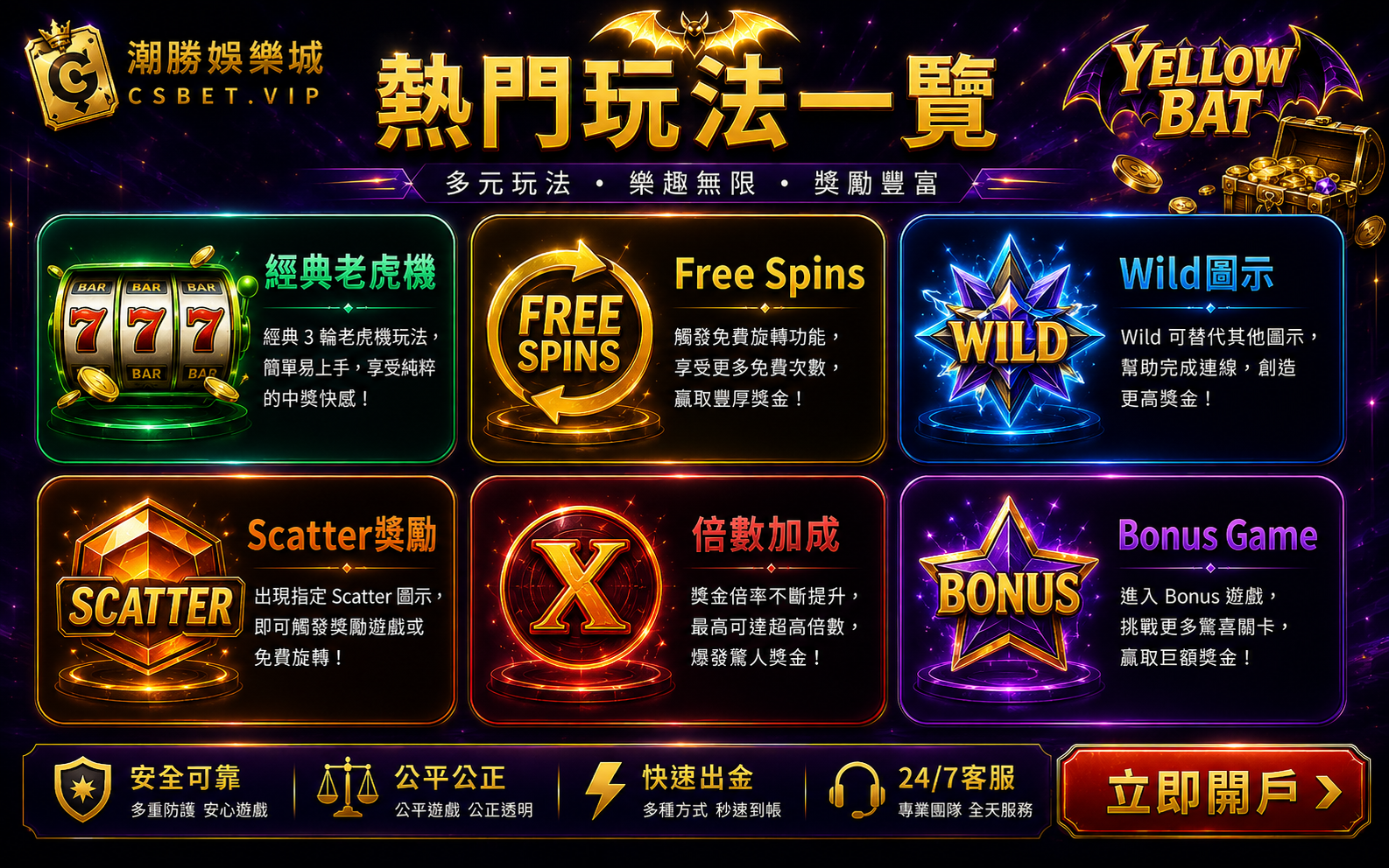 YELLOW BAT電子六大玩法老虎機Free Spins Wild Scatter Bonus