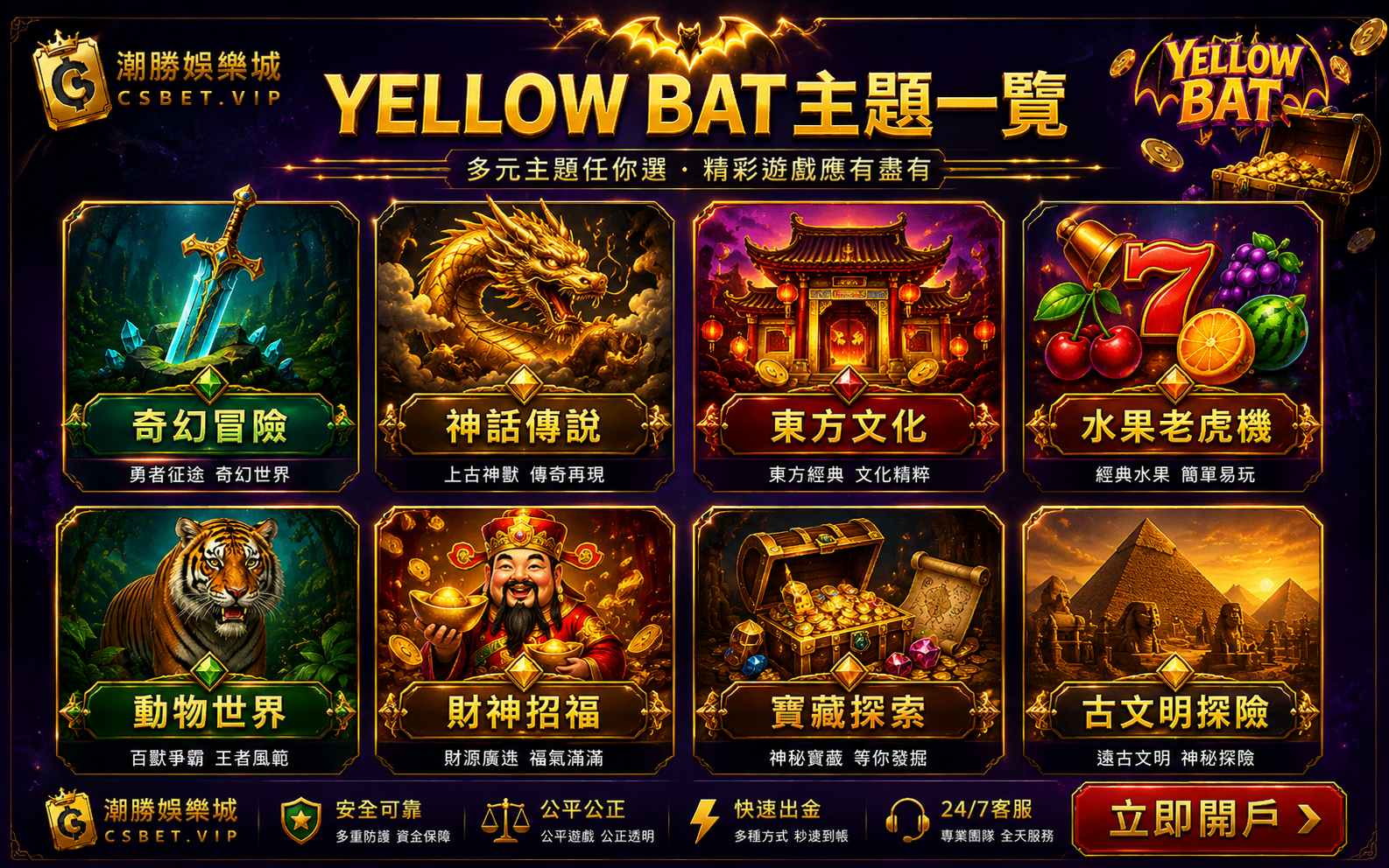 YELLOW BAT電子八大遊戲主題奇幻冒險神話東方水果動物