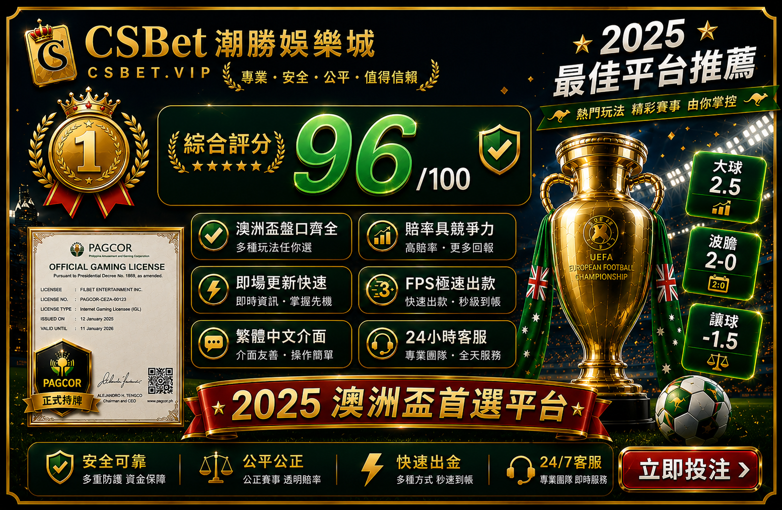 CSBet潮勝娛樂城歐洲盃投注平台96分綜合評分最佳選擇