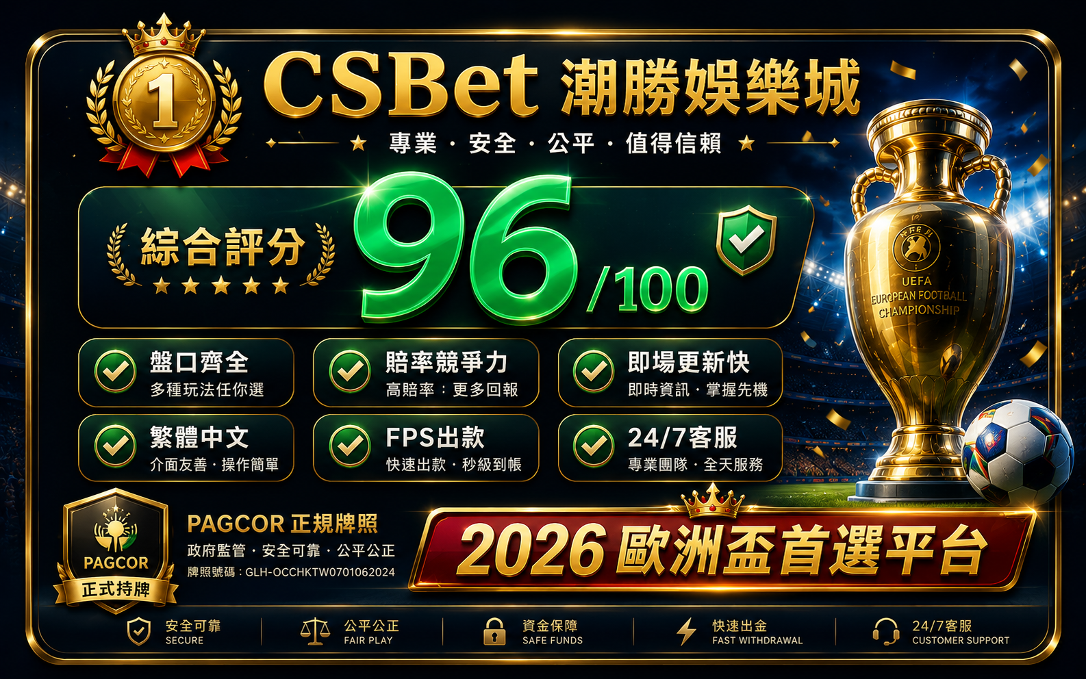 CSBet潮勝娛樂城歐洲盃投注平台96分綜合評分最佳選擇