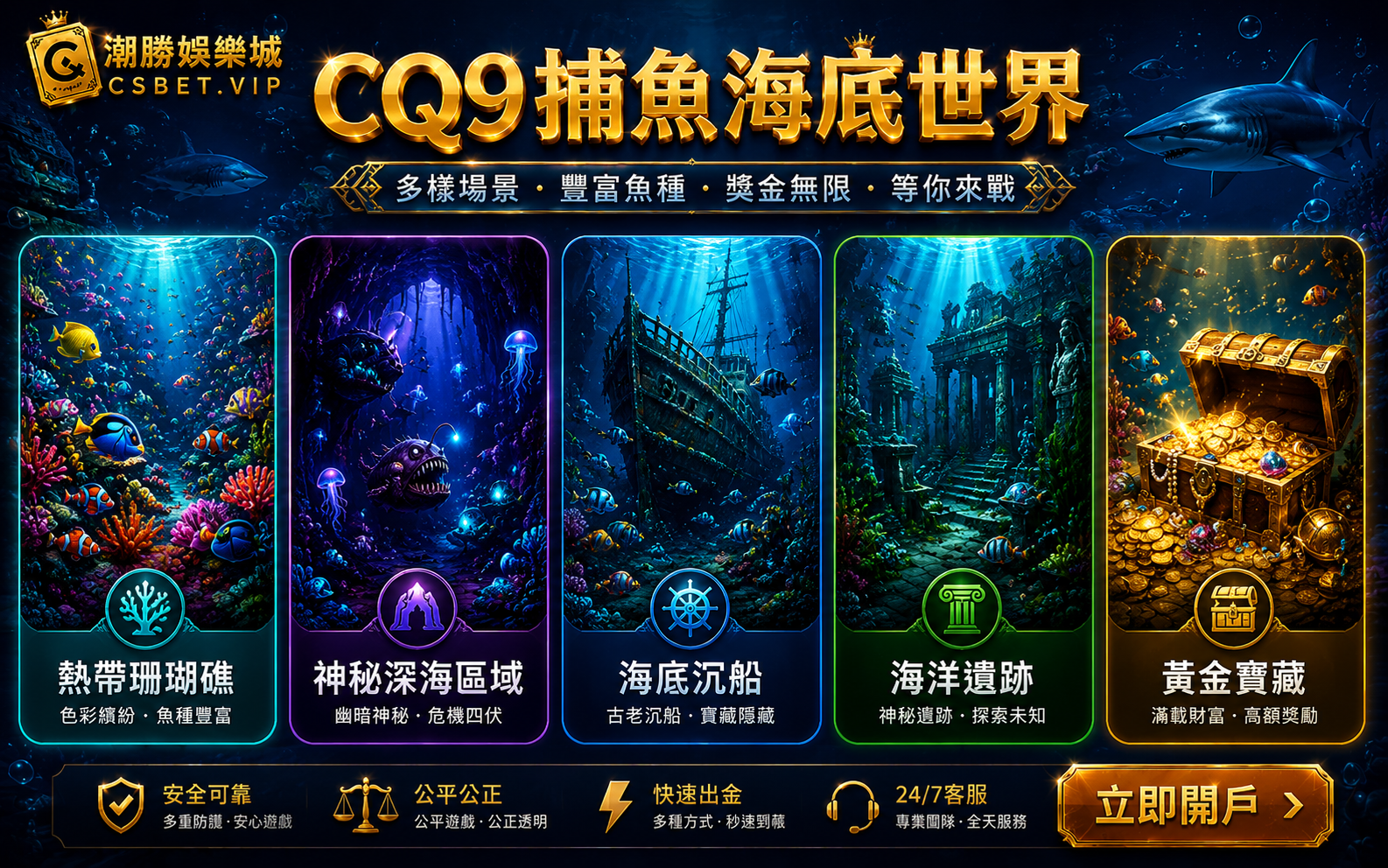 CQ9捕魚五大海底場景熱帶珊瑚礁深海區域沉船遺跡黃金寶藏