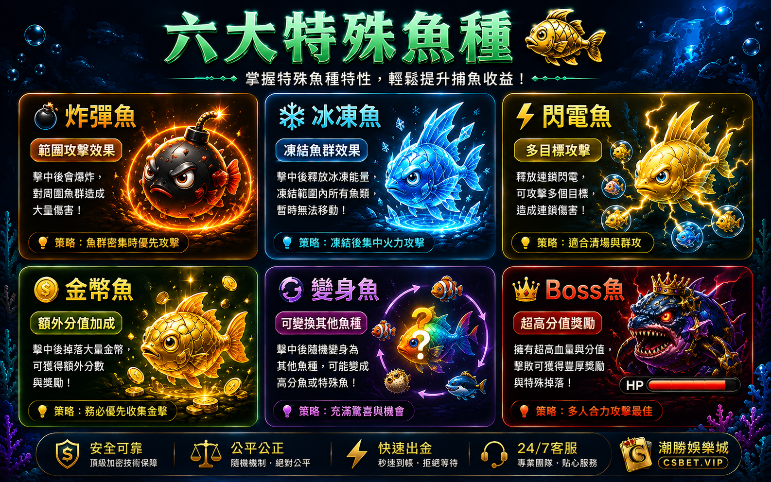捕魚遊戲六大特殊魚炸彈魚冰凍魚閃電魚金幣魚變身魚Boss魚效果說明策略